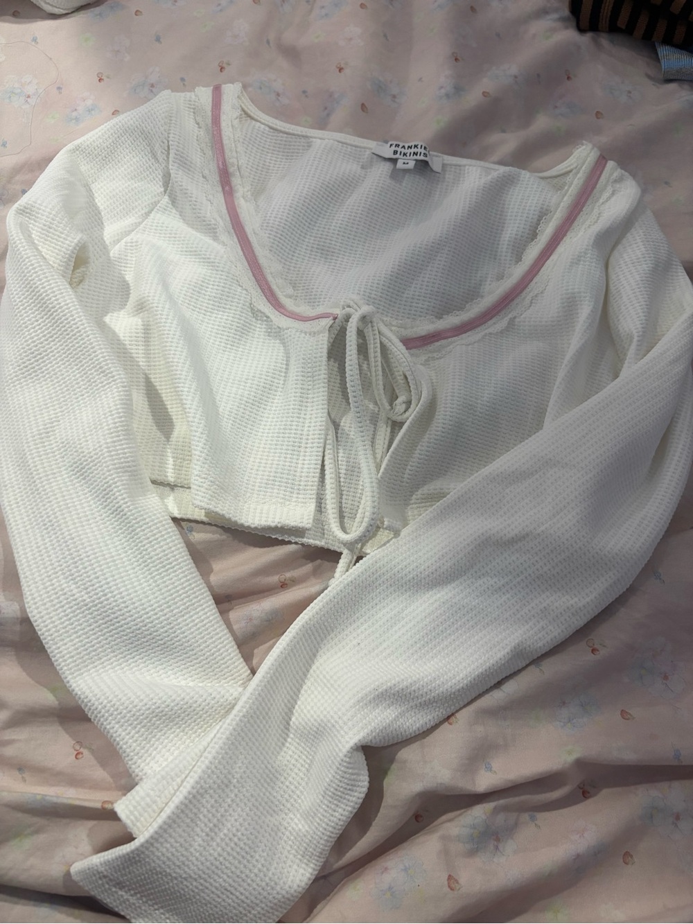 Frankie's Bikinis White Waffle Knit Top with Pink Trim